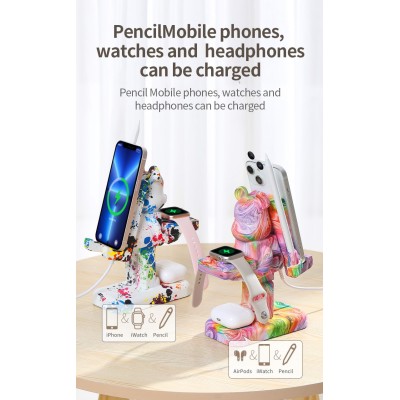 Building Blocks Bear Multicolors Base Cargador Inalambrico Multifuncional Para Movil, Airpod, Iwatch Y Lapiz Ip