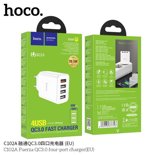 Hoco C102A Enchufe Con Una Entrada Usb QC 3.0 Y Tres Usb 10.5W