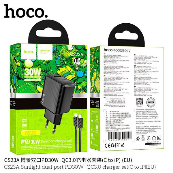 Hoco CS23A Cargador con puerto PD30W+QC3.0 y cable de Type-C a Lightning