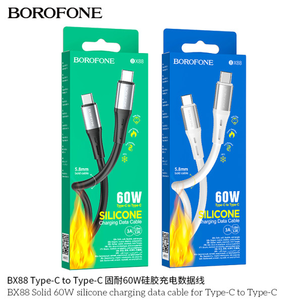 Borofone BX88 Cable Silicona Fuerte 60W Tipo C a Tipo C Con Nucleo De Cobre Y Durabilidad Extra