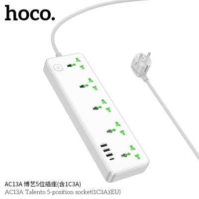 Hoco AC13A Toma de corriente de 5 posiciones con puertos USB-C + 3USB,