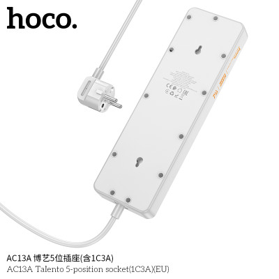 Hoco AC13A Toma de corriente de 5 posiciones con puertos USB-C + 3USB,