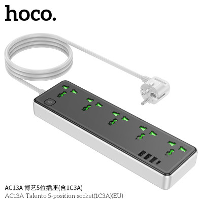 Hoco AC13A Toma de corriente de 5 posiciones con puertos USB-C + 3USB,