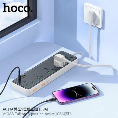 Hoco AC13A Toma de corriente de 5 posiciones con puertos USB-C + 3USB,