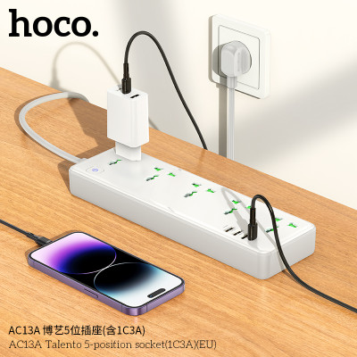 Hoco AC13A Toma de corriente de 5 posiciones con puertos USB-C + 3USB,