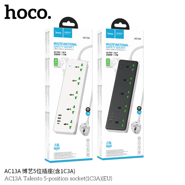 Hoco AC13A Toma de corriente de 5 posiciones con puertos USB-C + 3USB,