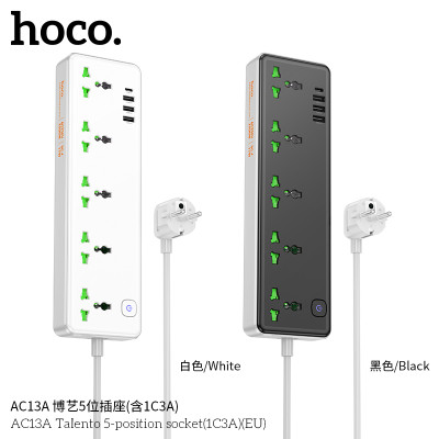 Hoco AC13A Toma de corriente de 5 posiciones con puertos USB-C + 3USB,