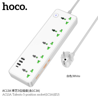 Hoco AC13A Toma de corriente de 5 posiciones con puertos USB-C + 3USB,