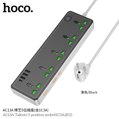 Hoco AC13A Toma de corriente de 5 posiciones con puertos USB-C + 3USB,