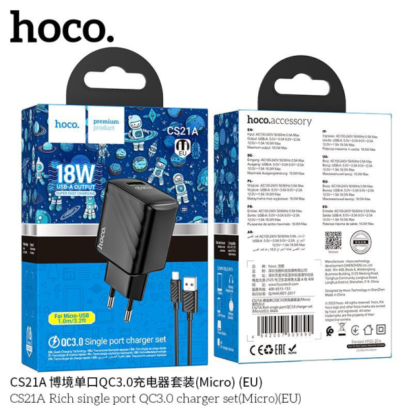 Hoco CS21A Cargador QC3.0 de Puerto Único (Micro Usb - EU)