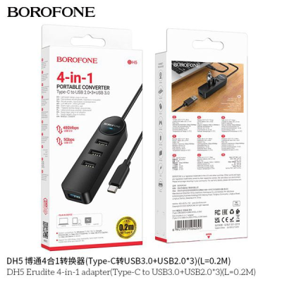 Borofone Dh5 Adaptador de 4 en 1 tipo C a Usb 3.0x1 Usb 2.0x3