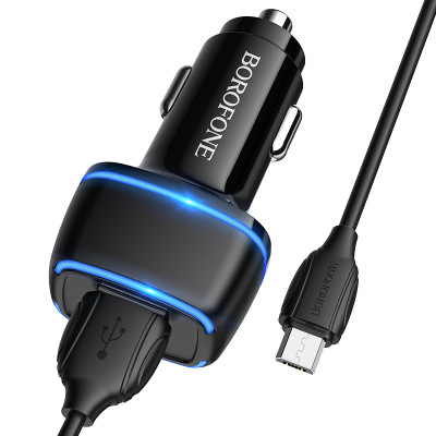 Borofone BZ14 Cargador de coche de doble USB 12W con luz ambiental Micro USB