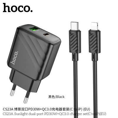 Hoco CS23A Cargador con puerto PD30W+QC3.0 y cable de Type-C a Lightning