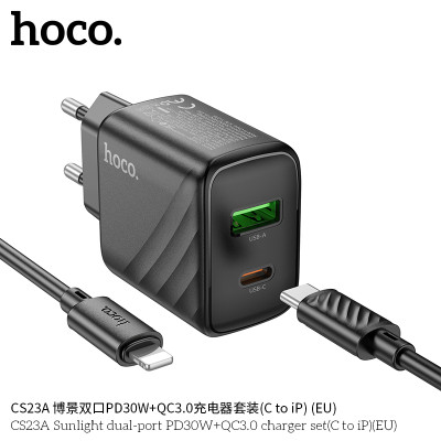 Hoco CS23A Cargador con puerto PD30W+QC3.0 y cable de Type-C a Lightning