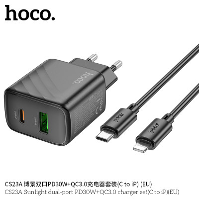 Hoco CS23A Cargador con puerto PD30W+QC3.0 y cable de Type-C a Lightning