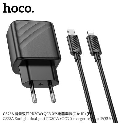 Hoco CS23A Cargador con puerto PD30W+QC3.0 y cable de Type-C a Lightning