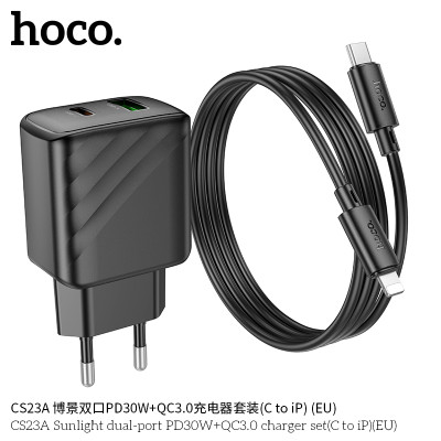 Hoco CS23A Cargador con puerto PD30W+QC3.0 y cable de Type-C a Lightning