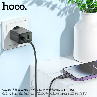 Hoco CS23A Cargador con puerto PD30W+QC3.0 y cable de Type-C a Lightning