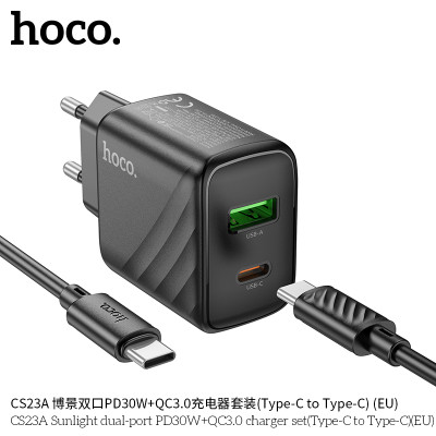 Hoco CS23A Cargador con puerto PD30W+QC3.0 y cable de Type-C a Type-C