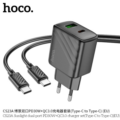 Hoco CS23A Cargador con puerto PD30W+QC3.0 y cable de Type-C a Type-C