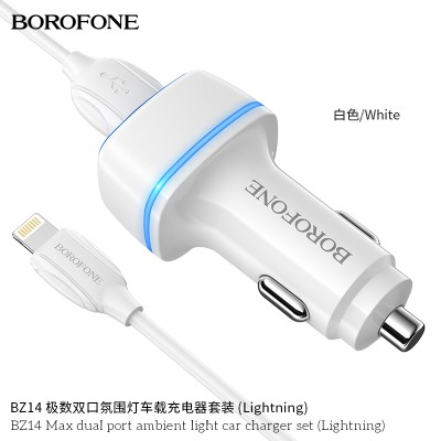 Borofone BZ14 Cargador de coche de doble USB 12W con luz ambiental Lightning