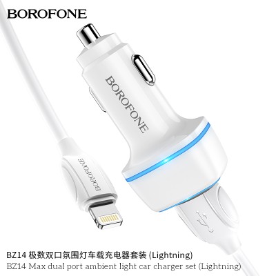 Borofone BZ14 Cargador de coche de doble USB 12W con luz ambiental Lightning