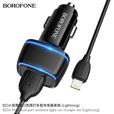 Borofone BZ14 Cargador de coche de doble USB 12W con luz ambiental Lightning