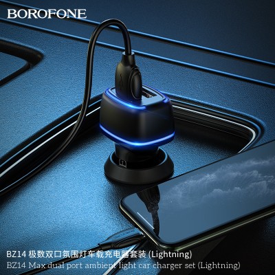 Borofone BZ14 Cargador de coche de doble USB 12W con luz ambiental Lightning