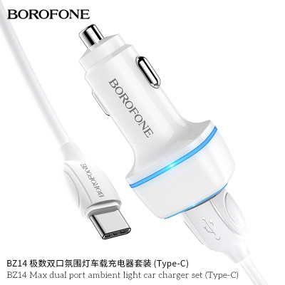 Borofone BZ14 Cargador de coche de doble USB 12W con luz ambiental Type-c