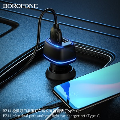 Borofone BZ14 Cargador de coche de doble USB 12W con luz ambiental Type-c