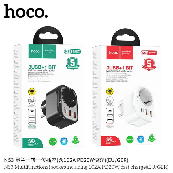 Hoco NS3 Enchufe Multifuncional (Incluida Carga Rápida 1C 2A PD20W)