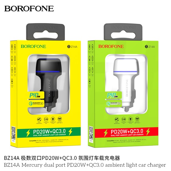 Borofone Bz14A Mercury Dual Port Pd20W+Qc3.0 Cargador De Automóvil De Luz Ambiental