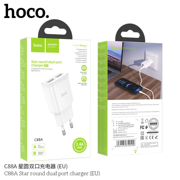 Hoco C88A Cargador Enchufe 2.4A Max Doble Usb