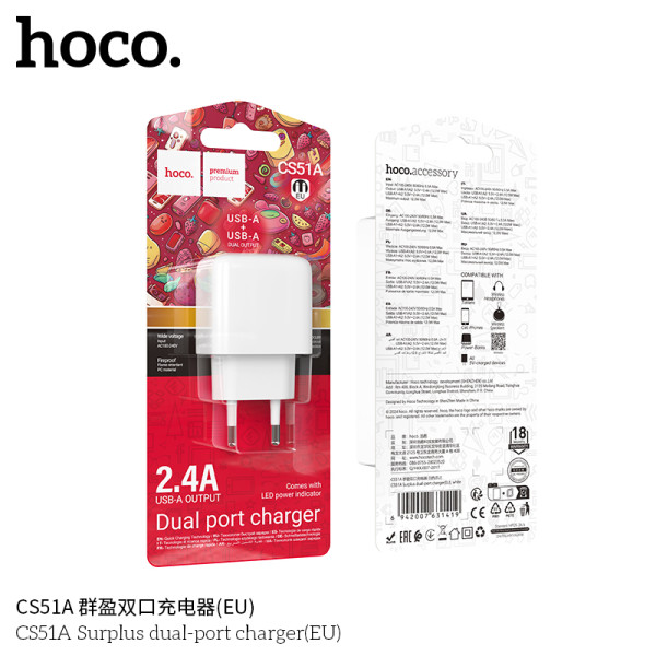 Hoco CS51A Enchufe Doble Puerto USB Sin Cable 2.4A