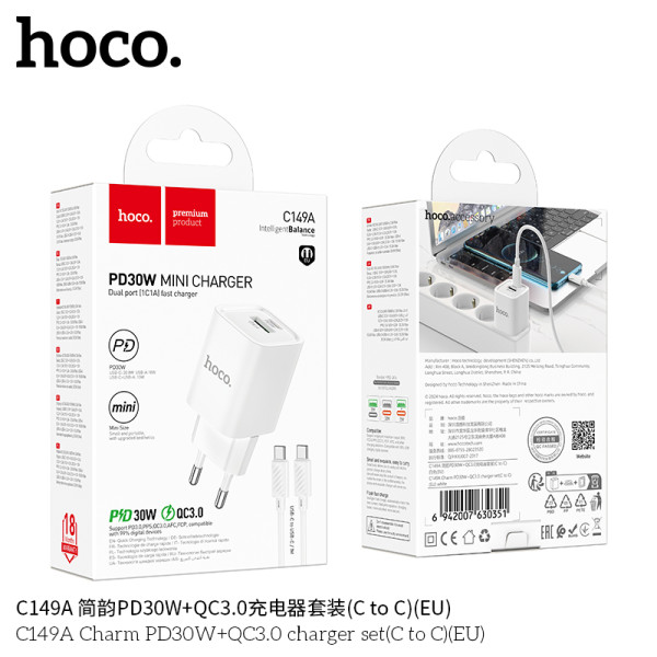 Hoco C149A PD30W+QC3.0 Cargador Con Cable (C to C) (EU)