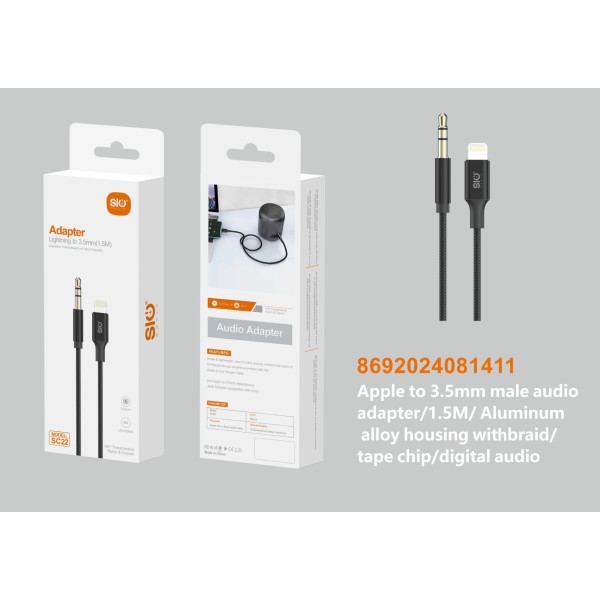 Sio SC22 Adaptador Cable Lightning macho A Jack macho 3.5MM 1.5M Negro