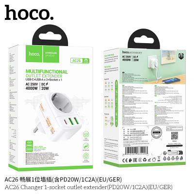 Hoco AC26 Enchufe De Pared 1 Posicion (Incluido PD20W/ 1C2A)(EU/GER)