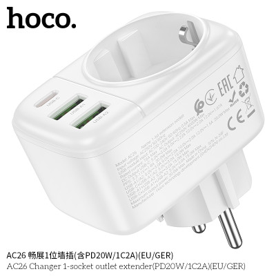 Hoco AC26 Enchufe De Pared 1 Posicion (Incluido PD20W/ 1C2A)(EU/GER)