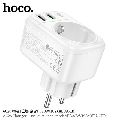 Hoco AC26 Enchufe De Pared 1 Posicion (Incluido PD20W/ 1C2A)(EU/GER)