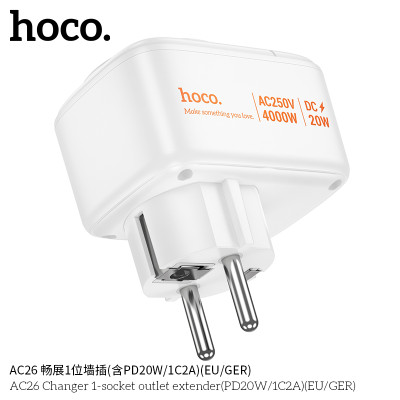 Hoco AC26 Enchufe De Pared 1 Posicion (Incluido PD20W/ 1C2A)(EU/GER)