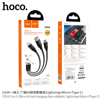 Hoco U104 Cable De Datos/Carga Rapida 6A De 3 En 1 (iP+Micro+Type-C) Solo Type C Permite Datos.