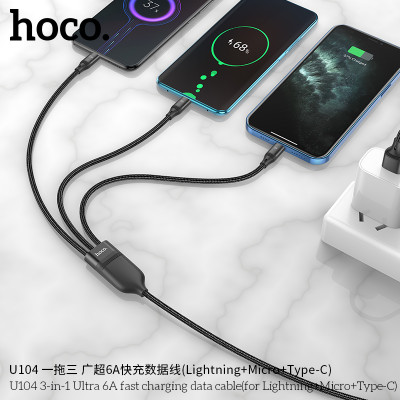 Hoco U104 Cable De Datos/Carga Rapida 6A De 3 En 1 (iP+Micro+Type-C) Solo Type C Permite Datos.