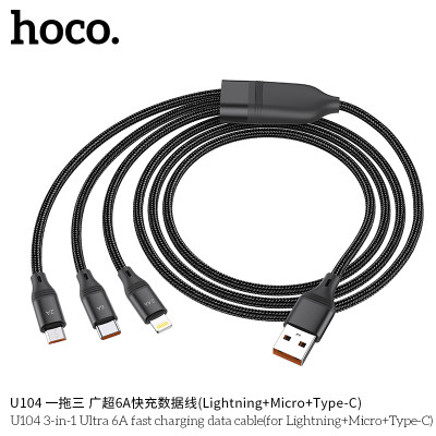 Hoco U104 Cable De Datos/Carga Rapida 6A De 3 En 1 (iP+Micro+Type-C) Solo Type C Permite Datos.