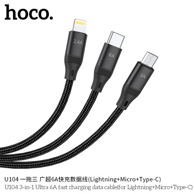 Hoco U104 Cable De Datos/Carga Rapida 6A De 3 En 1 (iP+Micro+Type-C) Solo Type C Permite Datos.