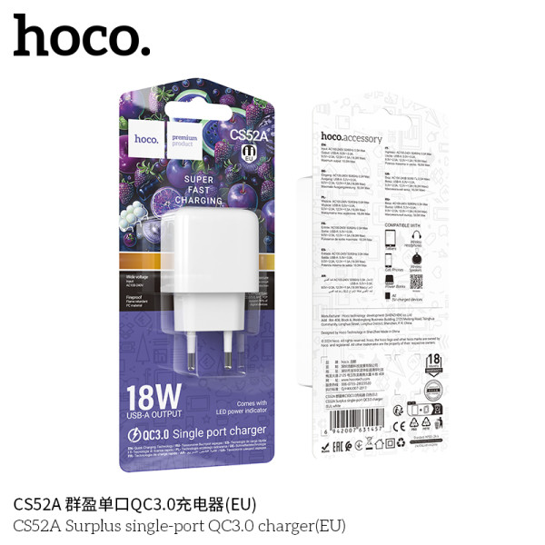 Hoco. CS52A Cargador 18W QC3.0