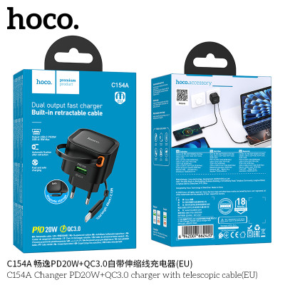 Hoco. C154A Cargador PD20W+QC3.0 Cable Retractil Hoco. C154A Cargador PD20W+QC3.0 Cable Retractil