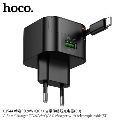 Hoco. C154A Cargador PD20W+QC3.0 Cable Retractil Hoco. C154A Cargador PD20W+QC3.0 Cable Retractil