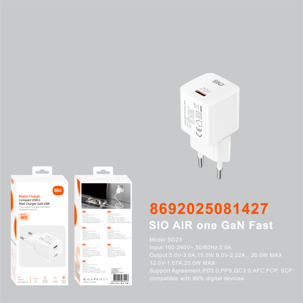 Sio SD23 Cargador Rapido Gan20W (1C)