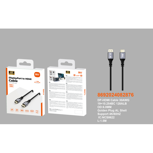 Sio SN-06 Cable DisplayPort A HDMI 4K 1.5M