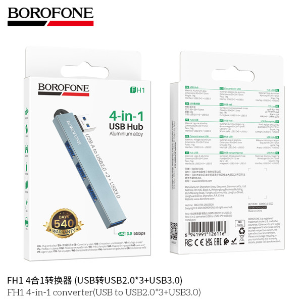 Borofone. FH1 Adaptador 4En1 (USB a USB2.0*3+USB3.0)